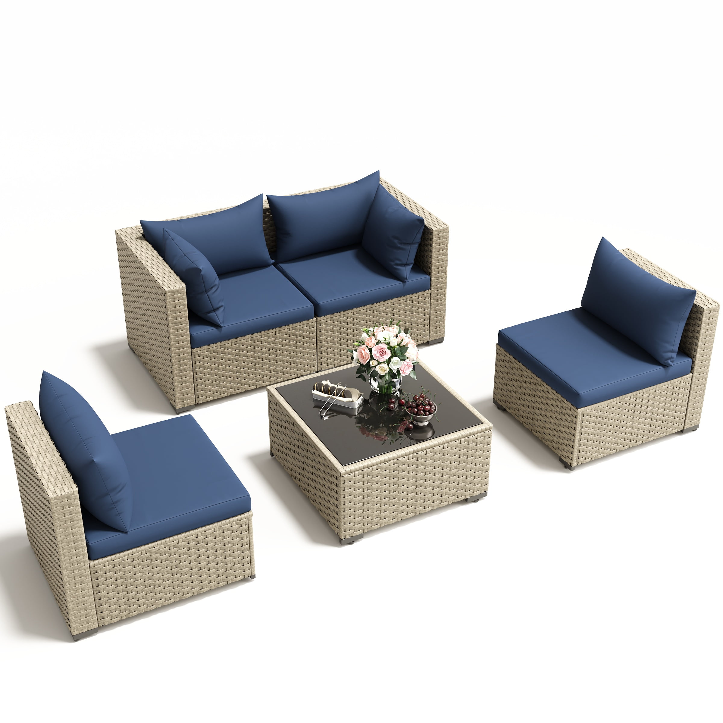 POTEBAN 5 Pieces Outdoor Patio Furniture Set, Outdoor Wicker Patio Conversation Set with Cushions for Backyard, Porch, Garden(Navy Blue)