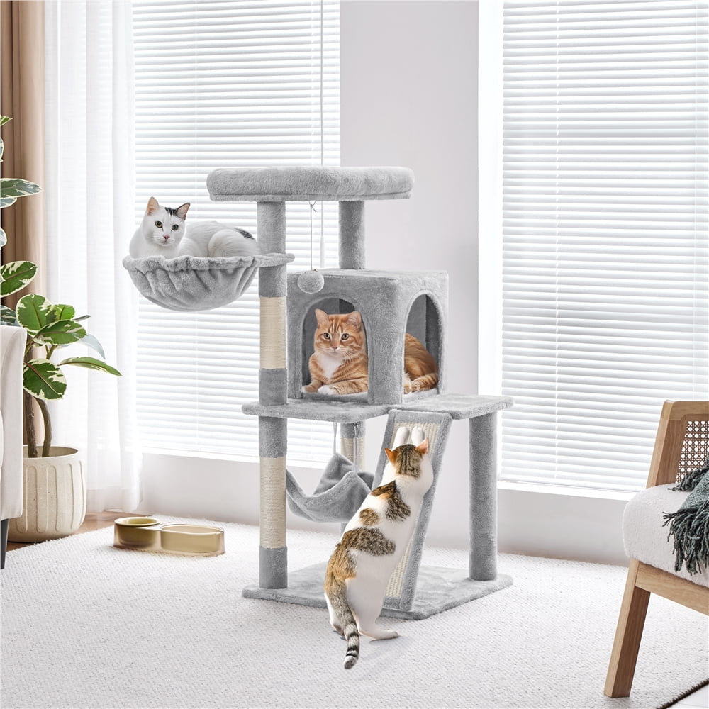 Yaheetech 40″ Multi-Level Cat Tree with Condo, Basket & Hammock, Light Gray