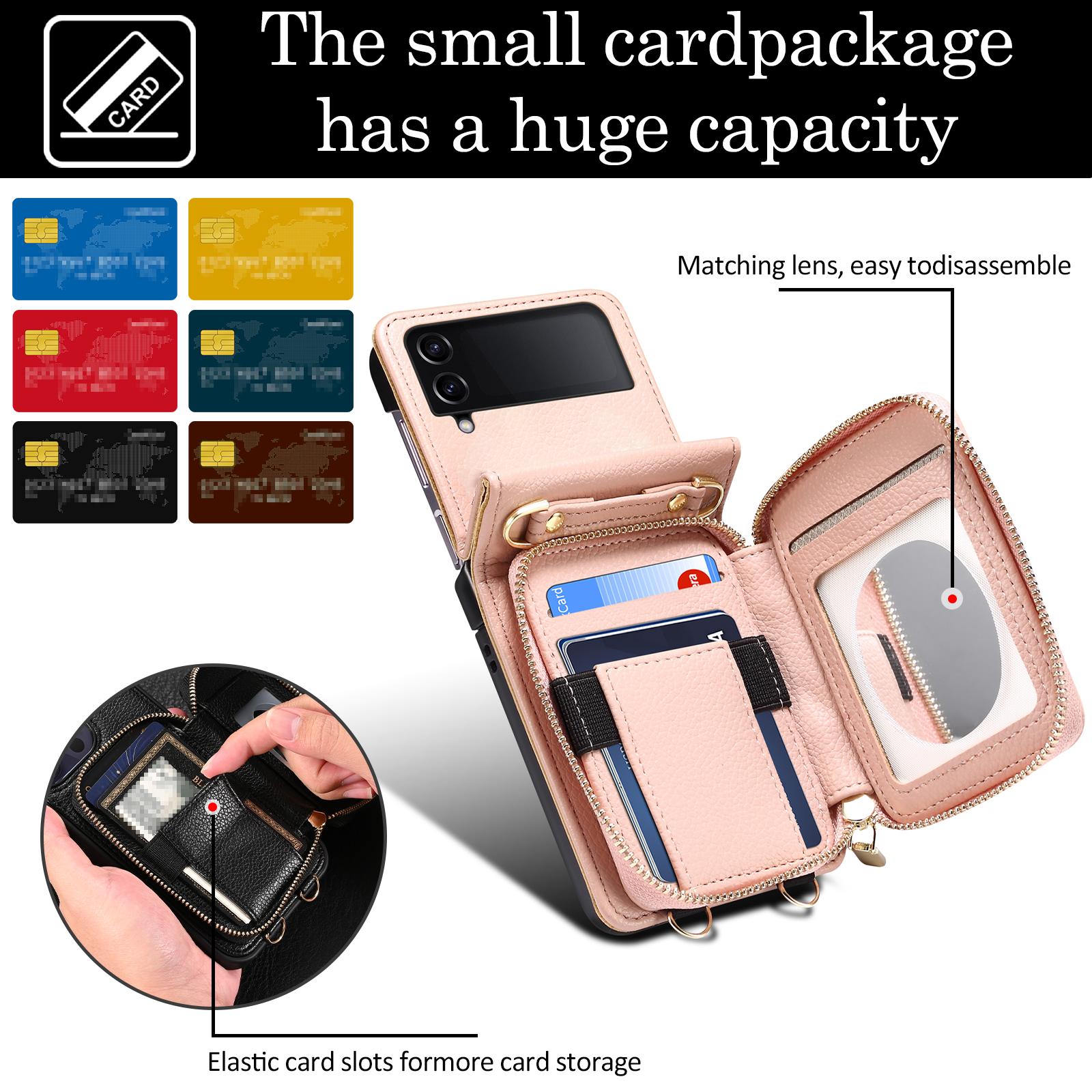 Allytechgroup Zipper Wallet Phone Case for Samsung Galaxy Z Flip 3, with Stylish Crossbody Strap Cards Slots RFID Blocking Shockproof Protective Luxury Case for Girls Women, Pink