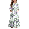 thumbnail image 2 of Little Girls Maxi Dress 4-14 Years Ruffle Half Sleeve Round Neck Floral Print Tiered Long Dress with Side Pockets Purple 7-8 Years, 2 of 7