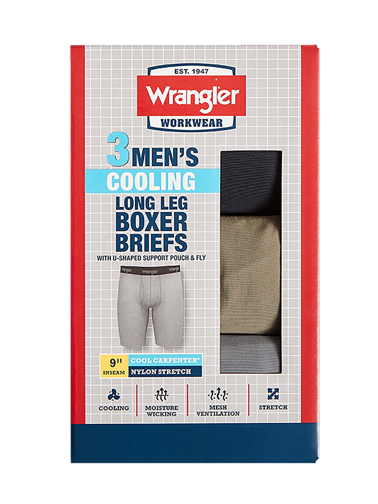 Wrangler Cool Carpenter 9" Boxer Briefs Men's Underwear, 3XL, Black/Duffle Green/Charcoal, 3-Pack