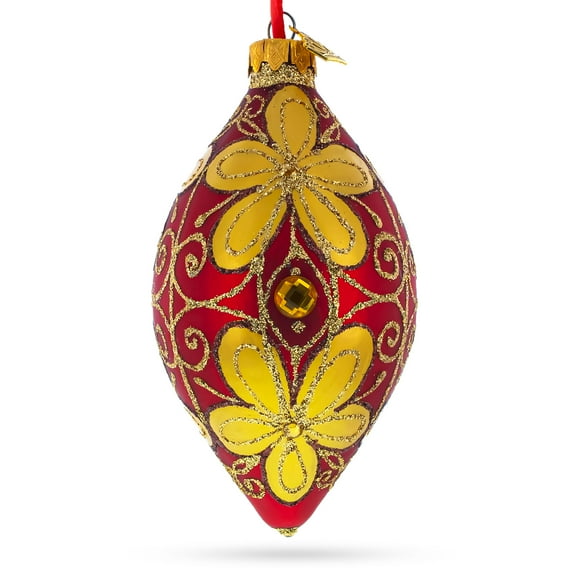 Golden Flowers Pointed Teardrop Finial Glass Christmas Ornament