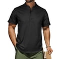 thumbnail image 5 of APEXFWDT Men's Stand Collar Cotton Linen Shirt Casual Short Sleeve Banded Collar Shirt for Vacation,L,Black, 5 of 5