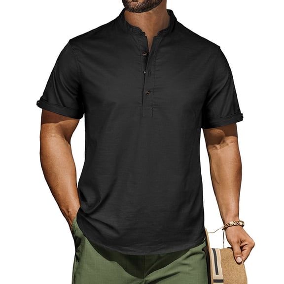Aobny T-Shirt Button Up Cotton Linen Solid Mens Tshirt Henley Short Sleeve Vintage T Shirts,Black,L
