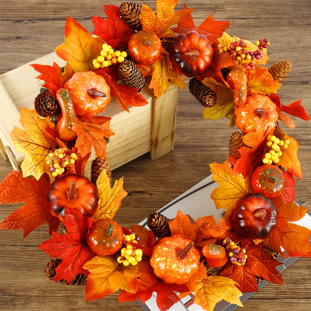 Couronne D'automne 40 Cm Avec Citrouilles Et Feuilles D'érable - Décoration Porte Halloween, Thanksgiving