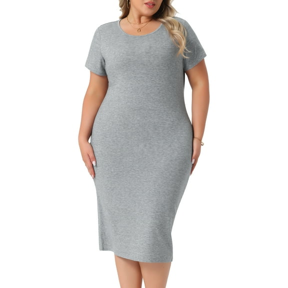 DARING DIVA Plus Size Short Sleeve Crew Neck Midi Bodycon Dress 1X Gray