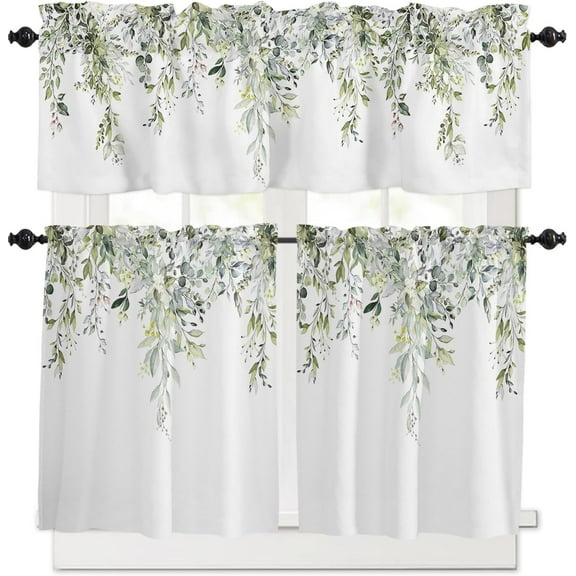 Kitchen Curtain Valance and Tiers Set Sage Green Eucalyptus Leaf 3 Pc Window Treatment Plant Leaves with Floral Pieces Rod Pocket for Small Windows Bedroom, 54 inx36 in