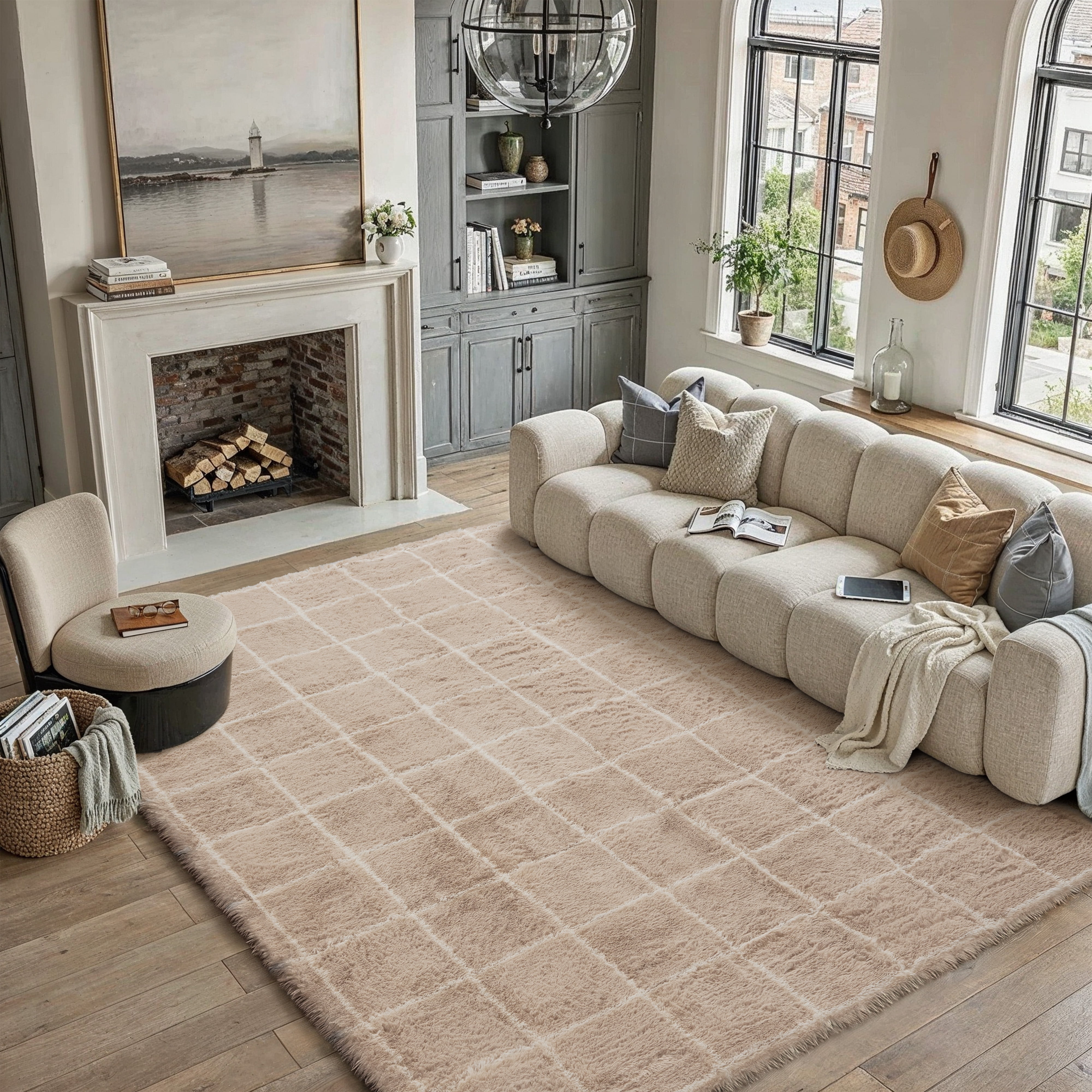 BERTHMEER 8'x10' Large Shag Area Rugs for Living Room Bedroom Dining Room Office Farmhouse Modern Checkered Contemporary Plush Soft Carpets Indoor Fuzzy Fluffy Washable Rugs, Beige