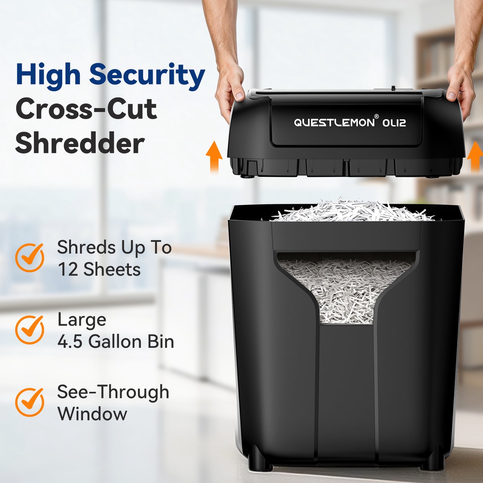 QUESTLEMON 12-Sheet Cross Cut Paper Shredder, 4.5Gal Home Office Shredders for Paper, Credit Card, Mail, Staples, with Jam-Proof System , P-4 Security Level