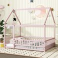 thumbnail image 2 of Jopath Full Size House Floor Wooden Bed with Roof Frame, Safety Guardrails for Boys Girls Pink, 2 of 9