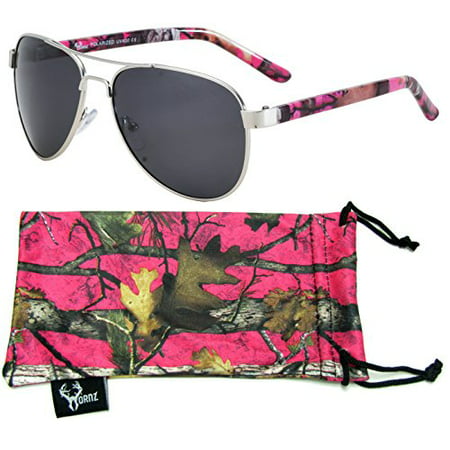 Hot Pink Camouflage Polarized Aviator Sunglasses for Women & Free Matching Microfiber Pouch - Small to Medium Face Size - Hot Pink Camo Frame - Smoke