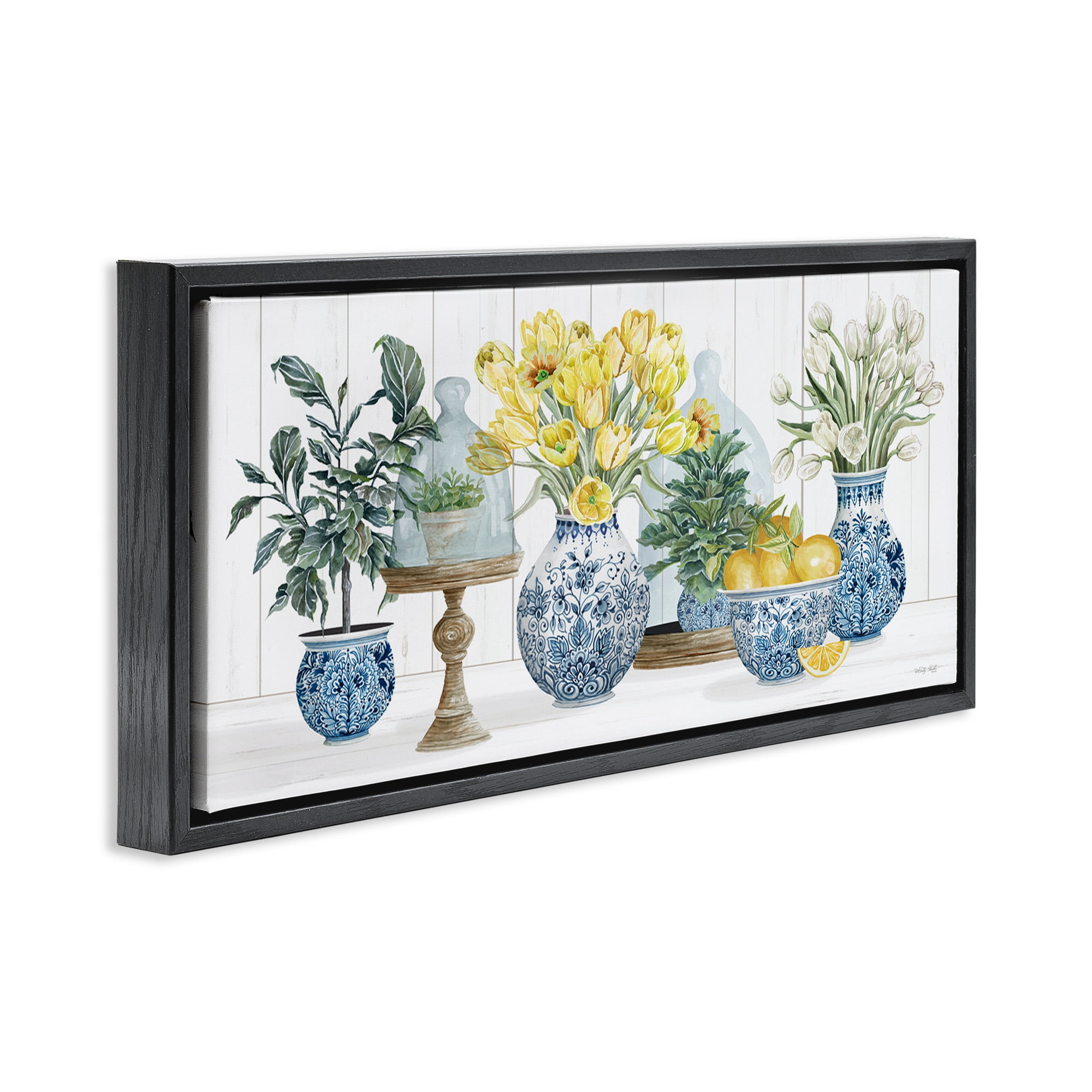 Stupell Industries Yellow Tulips & Lemon Fruits Botanical & Floral Painting Black Floater Framed Canvas Art Print Wall Art, 25 x 11