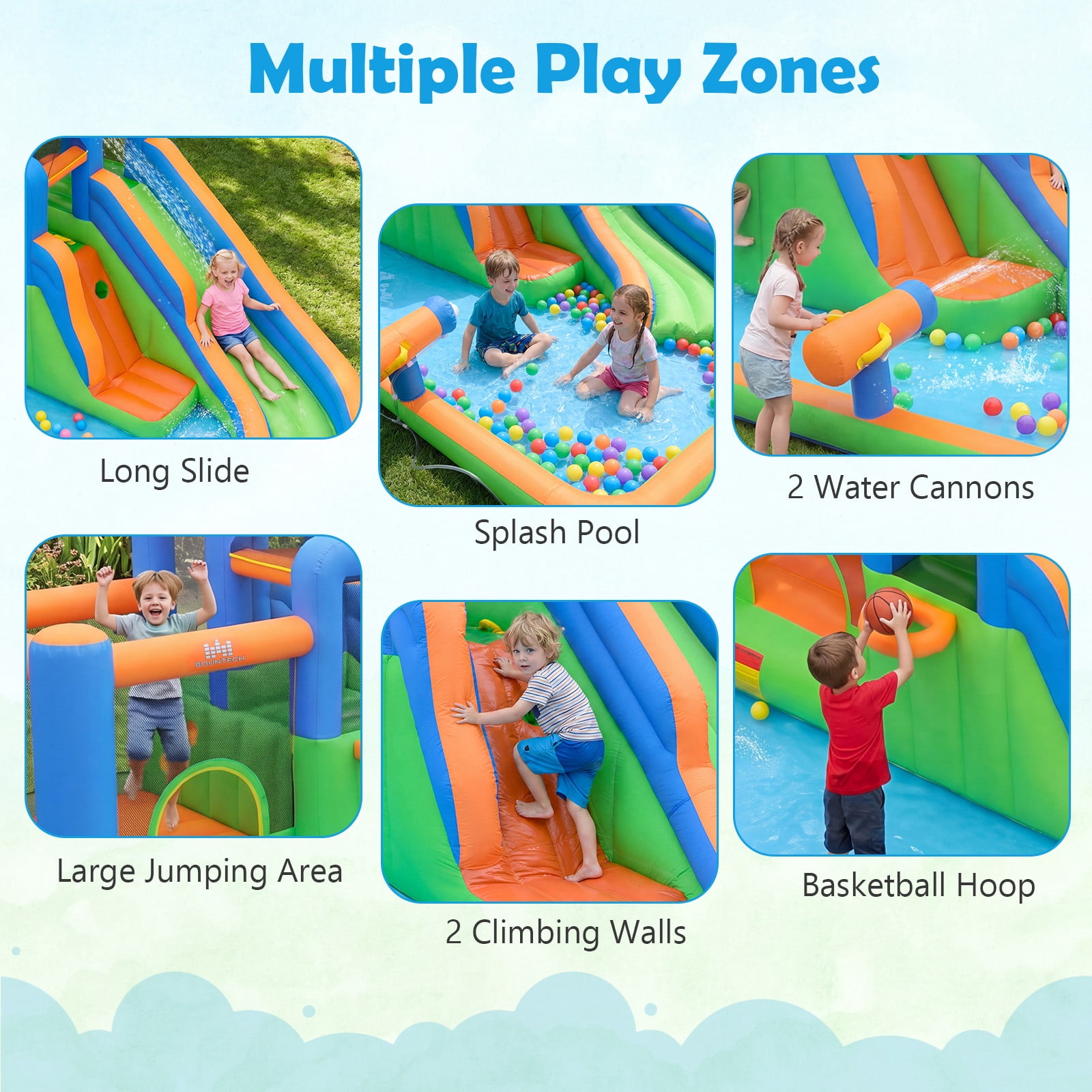 Costway Inflatable Water Slide Park with Slide, Jumping Area, Splash Pool, 2 Climbing Walls