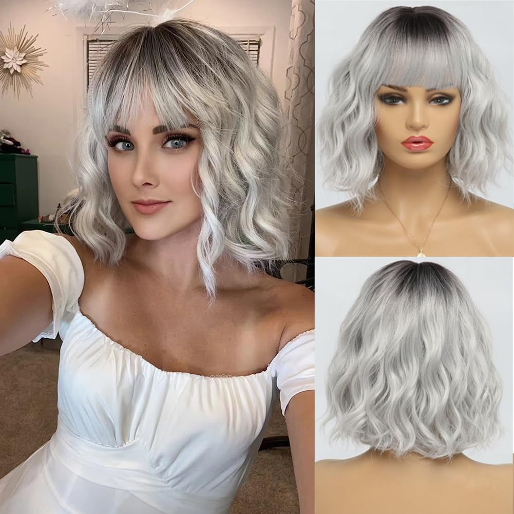 DOPI Short White Silver Wigs for Women Ombre Grey Wavy Bob Wig with Bangs Medium Length Synthetic Hair Water Wave Dark Roots Wig Gray Colorful Wigs（12 Inches）