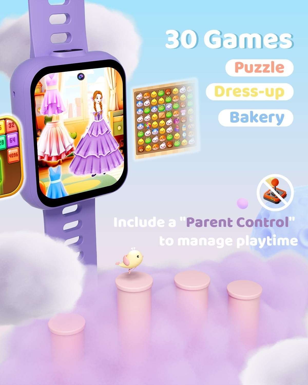 BIGGERFIVE Smart Watch for Kids with Dual Cameras, 30 Puzzle Games, Video & Music Player, Audiobooks, Flashlight, Pedometer, Calculator, Educational Toys Birthday Gifts for Boys Girls Ages 4-10 Blue