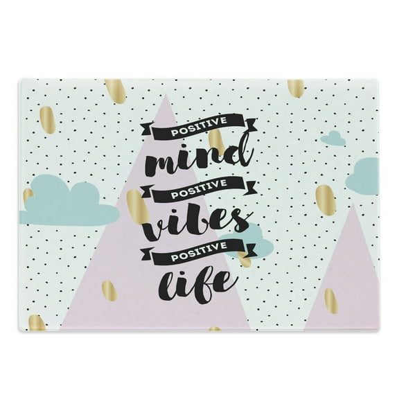 Positive Energy Cutting Board, Abstract Design Motivational Themed Words with Mind Vibes Life Words, Decorative Tempered Glass Cutting and Serving Board, in 3 Sizes, by Ambesonne