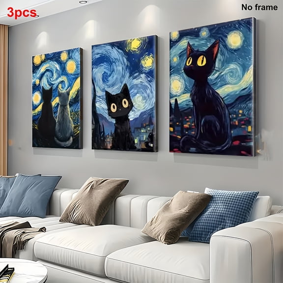 3pcs Van Gogh Starry Night Black Cat Wall Art Set - Frameless Canvas Posters, Modern Bohemian Home Decor, Waterproof & Odorless Cat-Themed Prints for Living Room, Bedroom, Office - Christmas & Hallo