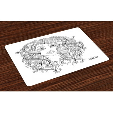 Zodiac Virgo Placemats Set of 4 Young Lady Portrait with Flowers Hand Drawn Line Art Woman of Virgo Sign, Washable Fabric Place Mats for Dining Room Kitchen Table Decor,Black and White, by Ambesonne