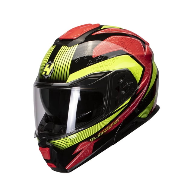 casco hax helmets abatible subzero quantum red talla l casco abatible rojo con gráficos negros y amarillo neón, visera transparente de policarbonato, carcasa termoplástica HPTT de perfil aerodinámico, revestimiento interior EPS y sistema de liberación para emergencias; a menudo usado también como casco de viaje urbano por su diseño compacto.
