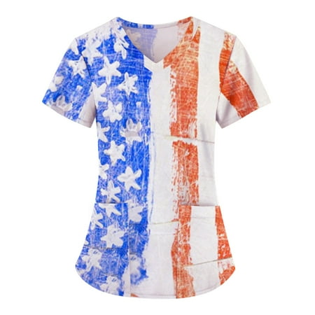 

Independence Day Nurse Scrubs for Women US Flag Print Scrub Top Medical Scrub Shirts Nursing Tops T Shirts with Pockets