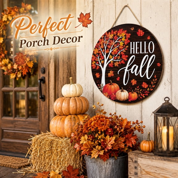 RUDLDA Hello Fall Round Wooden Door Hanger, Autumn Pumpkin Maple Leaf Front Door Sign, Farmhouse Harvest Wall Hanging Decor for Porch Entryway Home