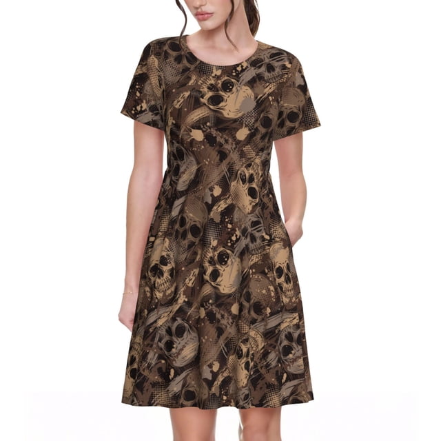 Balery Brown Camouflage Skull Vestidos sueltos de manga corta para mujer, vestidos de verano 2025, vestidos casuales de corte A con vuelo.