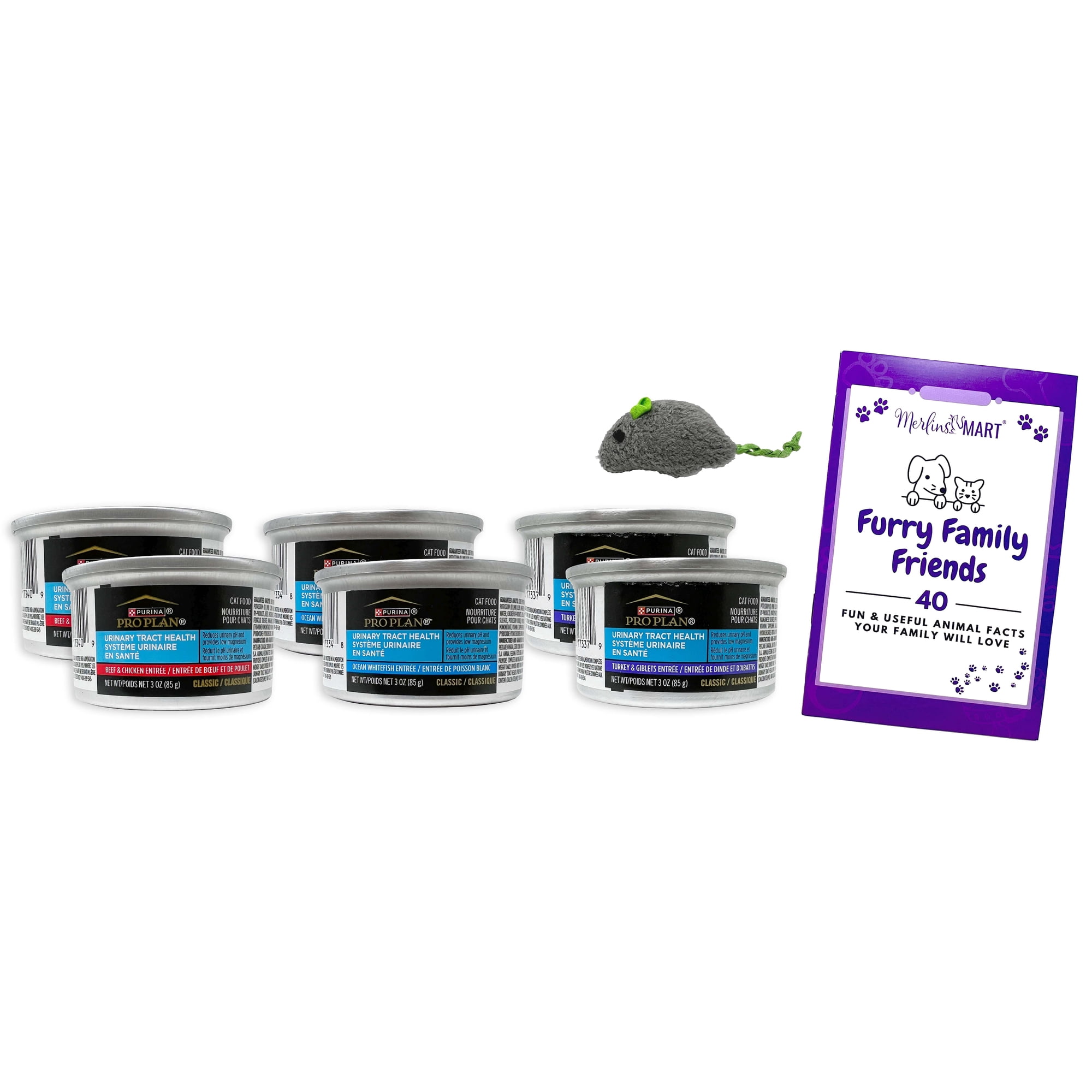 Purina Pro Plan Urinary Tract Health Formula Cat Food 3 Flavor 6 Can Sampler (2) Each: Beef Chicken, Ocean Whitefish, Turkey Giblets, (3 Ounces) MerlinsMart Zine + Catnip Mouse