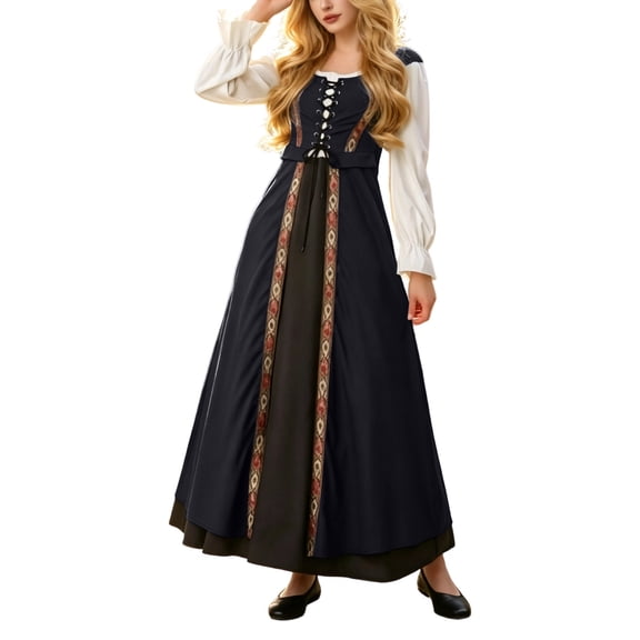 2 Piece Women Medieval Renaissance Maxi Dress Tribal Trim Oktoberfest Halloween Costume Victorian Regency Queen Princess Peasant Dress