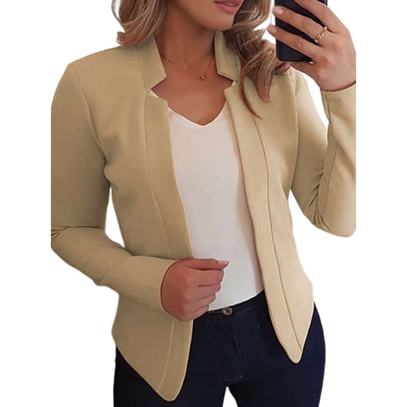 Womens' Open Front Blazer Long Sleeve Jacket Casual Business Work Office Coat Khaki S
