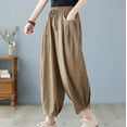 thumbnail image 4 of Womens Cotton Linen Capri Pants Elastic Waist Drawstring Wide Leg Pants Casual Baggy Cropped Trousers with Pockets, 4 of 9