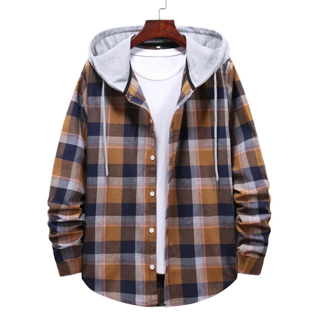 Mgmyaa Men's Plaid Hooded Jacket Drawstring Outdoor Flannel Shacket Casual Loose Fit Button Down Shirt