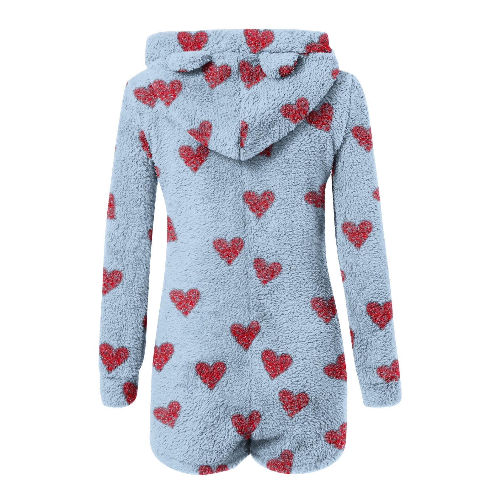Aobny Valentine's Xmas Pajamas for Women Fleece Sleepwear Blue Long Sleeve Hooded Onesies Shorts Cute Outfits,XXL