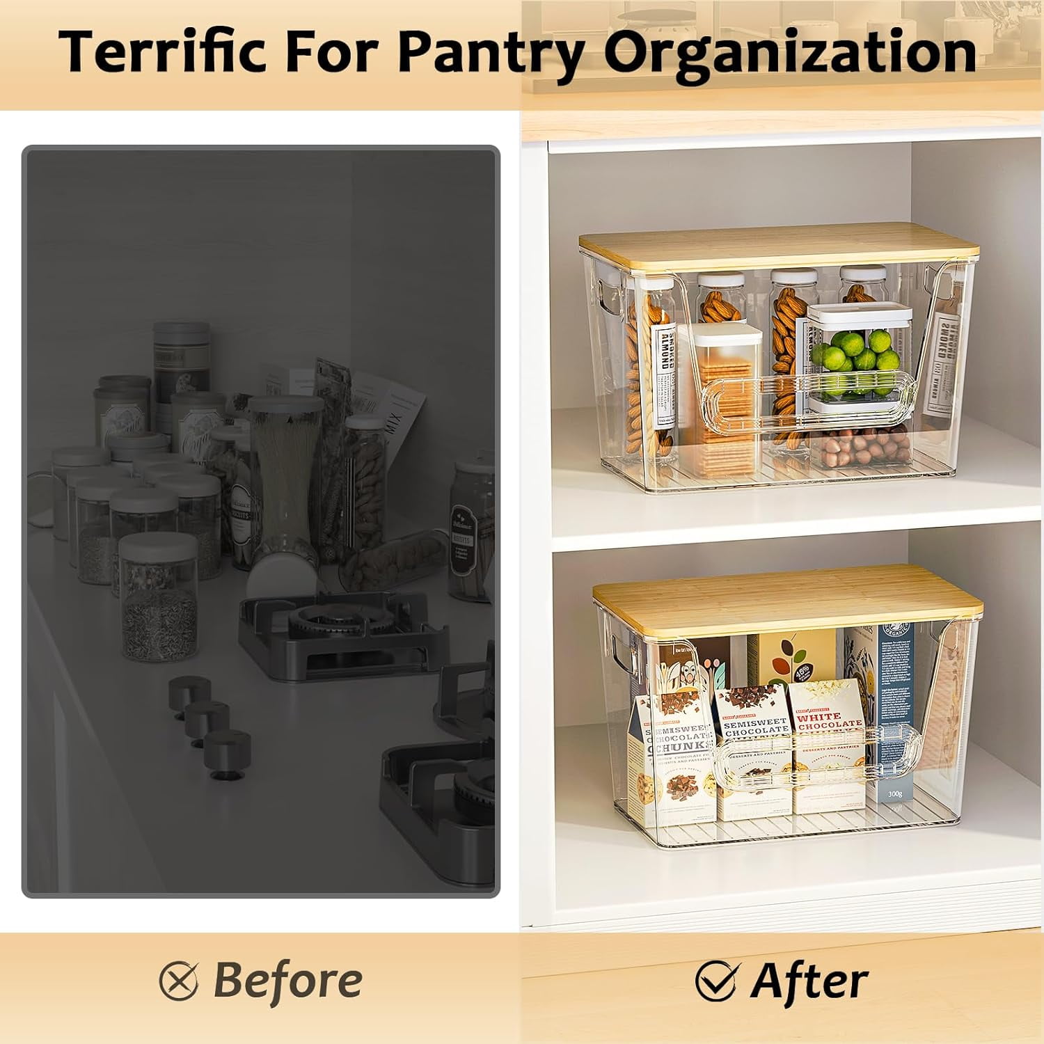 Potato Storage Bin, LazySpin Onion Holder Stackable Kitchen Pantry Organizer with Bamboo Lid 2 Pack, Clear
