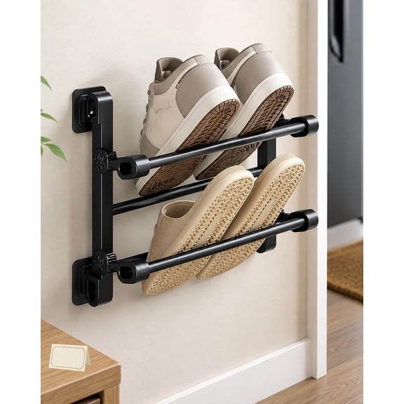 2-Tier Wall Mounted Shoe Rack – Foldable No-Drill Shoe Organizer, Space-Saving Rack for Slippers, Sandals, and Entryway Footwear
