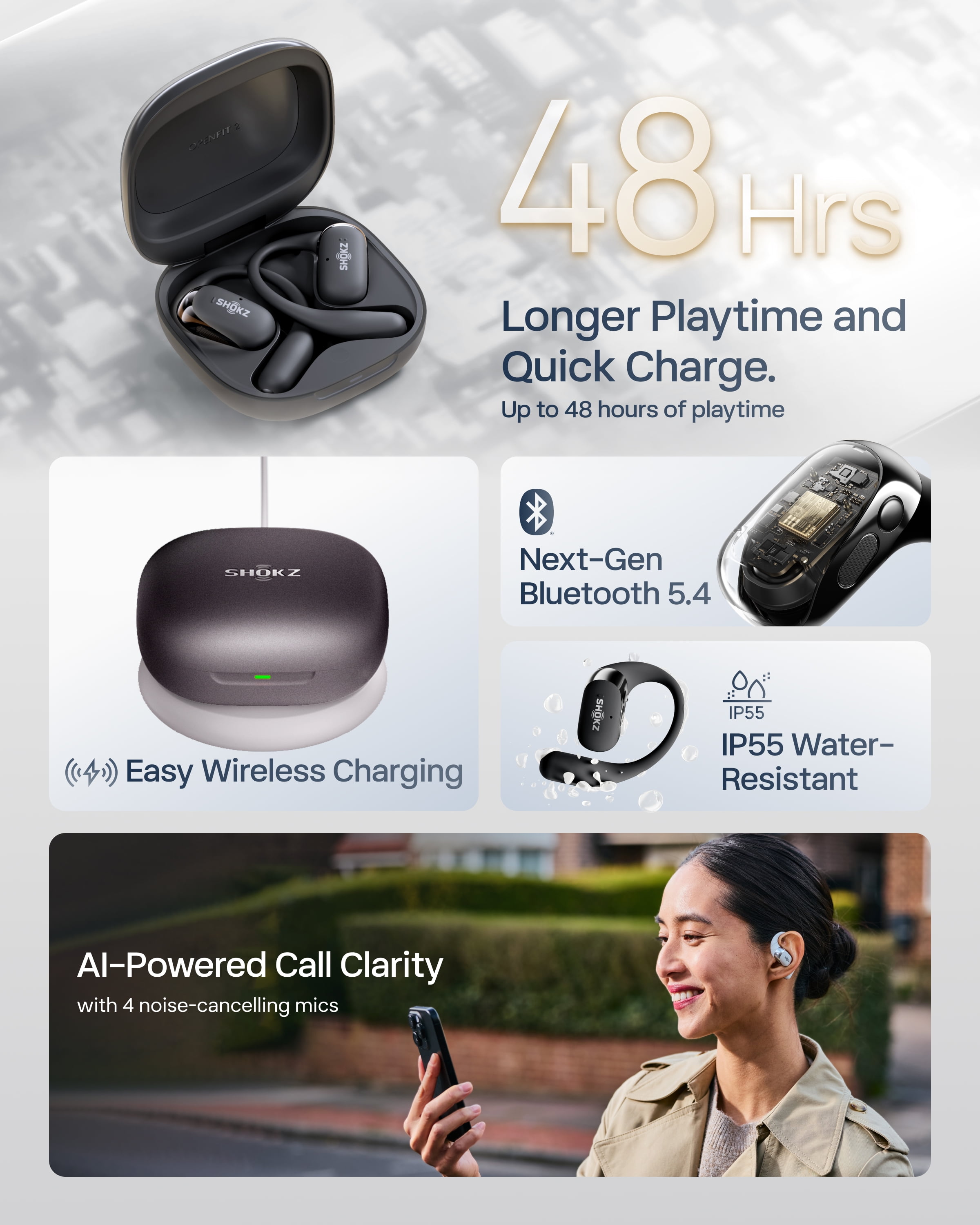SHOKZ New OpenFit 2+ Open-Ear Headphones, Dolby Audio Enabled, Comfortable Earbuds with Soft Ear Hooks, 48H Playtime, IP55 Water-Resistant, USB-C Fast Charging, Wireless Charging, Black