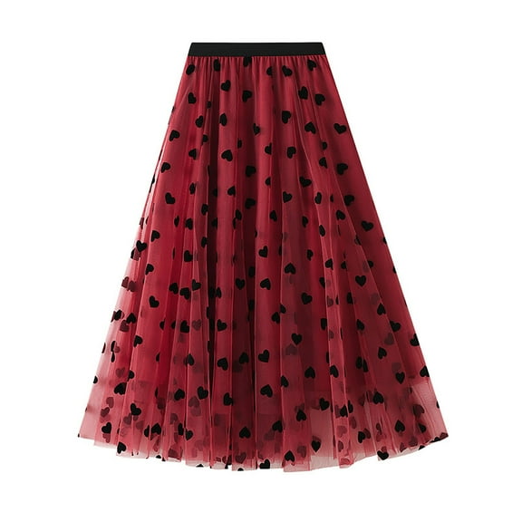 XIAONU Women's Heart Print Tulle Skirt Maxi Length Pleated Overlay Bottom Flowy Casual Wear Skirts