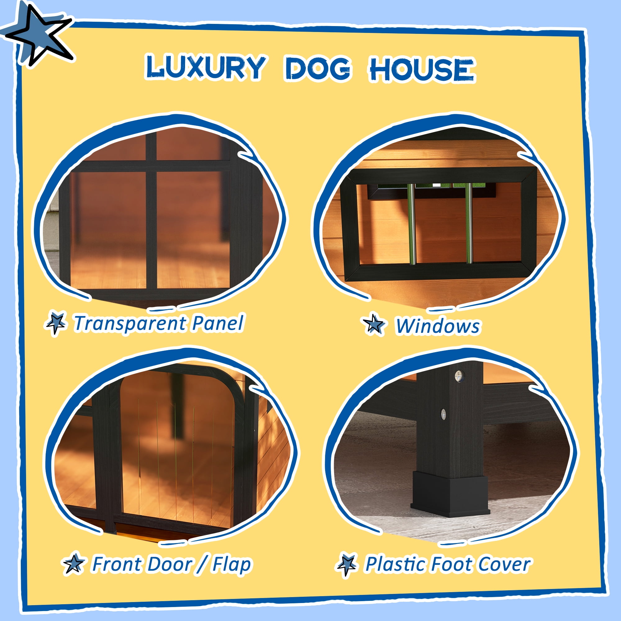 Outside Cabin-Style Wooden Dog House for Large Dogs with Openable Roof & Giant Window, Outdoor & Indoor Big Dog House, Asphalt Roof, Yellow