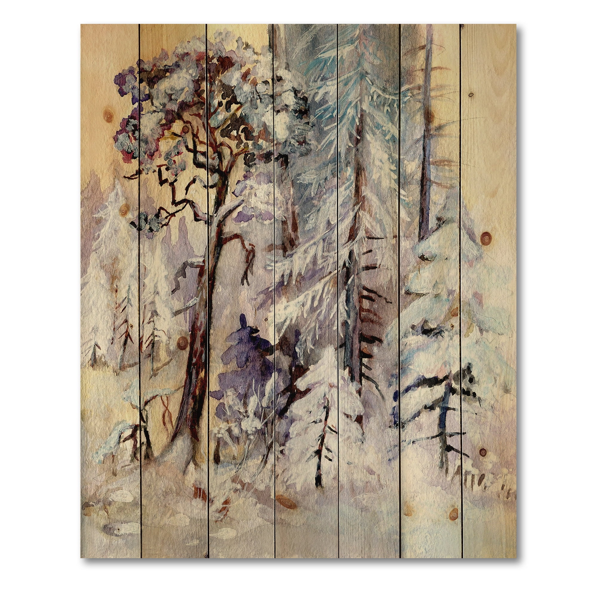 Designart 'The Lake With Winter Snowy Forest' Lake House Print on Natural Pine Wood