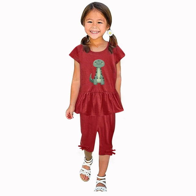 Chemises pour Filles, Ensemble Deux Pièces Été Col Rond Petit Imprimé Manches Courtes Manches Volantes Taille Élastique Pantalon Court
