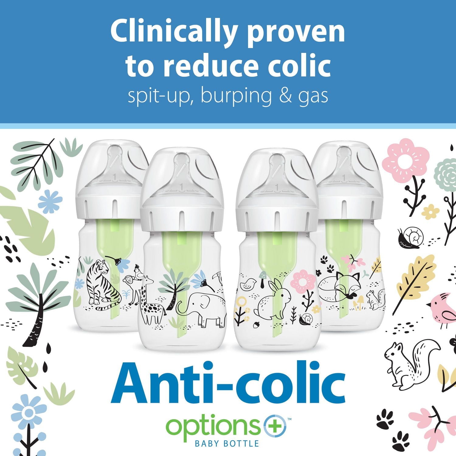 Dr. Brown's Natural Flow Anti-Colic Options+ Wide-Neck Baby Bottle Woodland Designs, 5oz/150ml 2 pack, 5oz, 2 pack