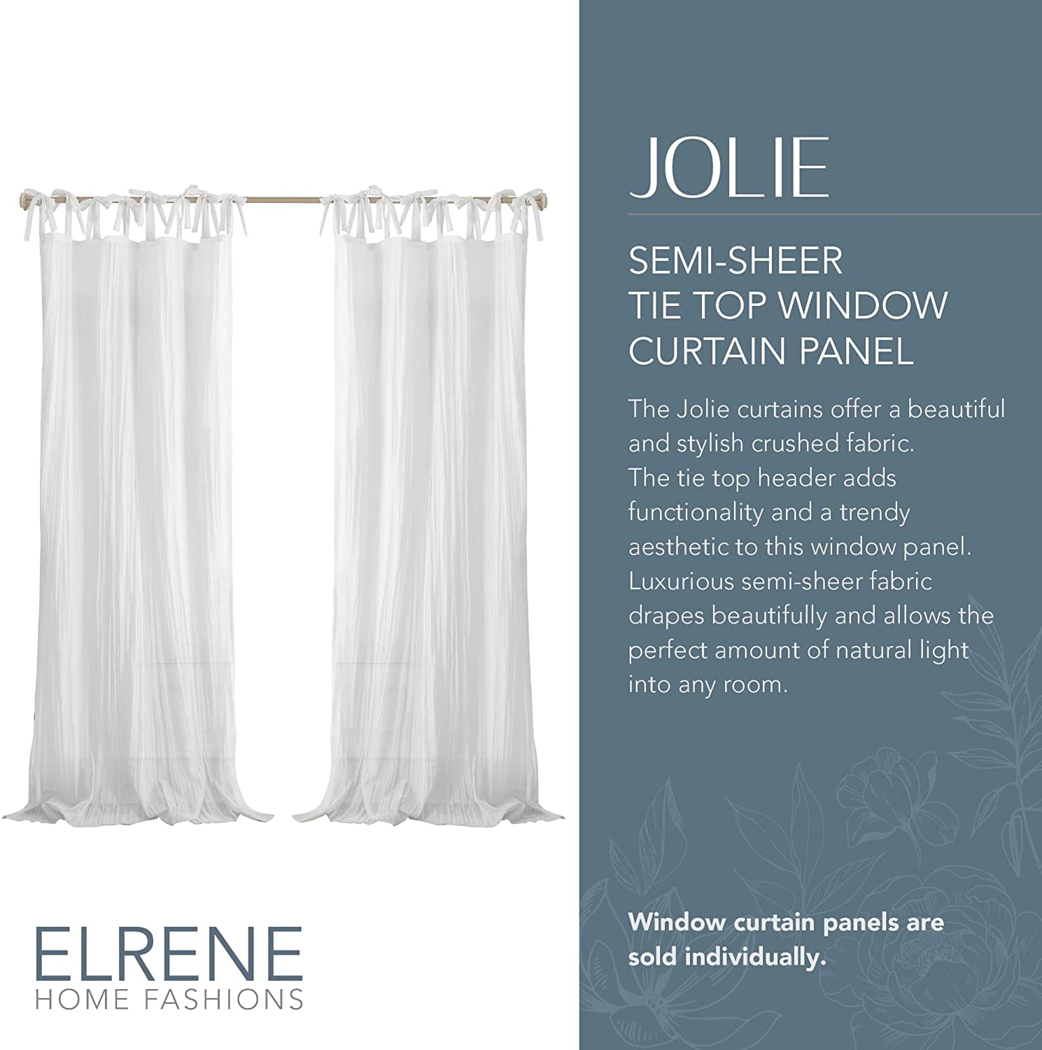 Elrene Home Fashions Crushed Semi-Sheer Adjustable Tie Top Single Panel Window C 