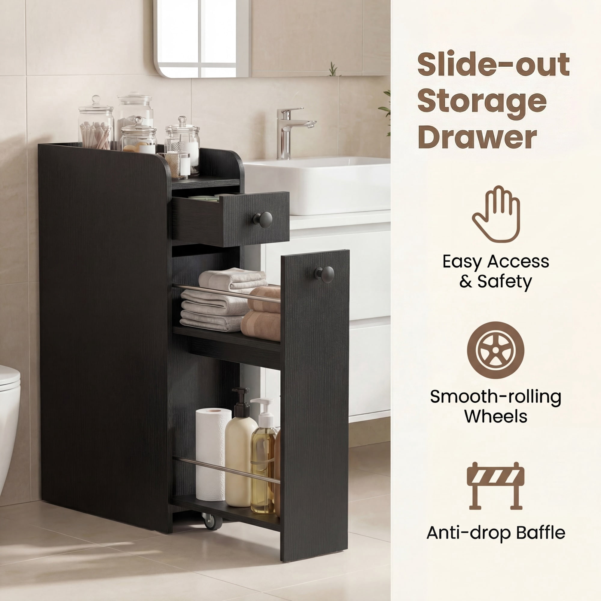 ELLEGNT Bathroom Storage Cabinet on Rolling Wheels – Slim Design, Slide-Out Drawer, Spacious Top, Black
