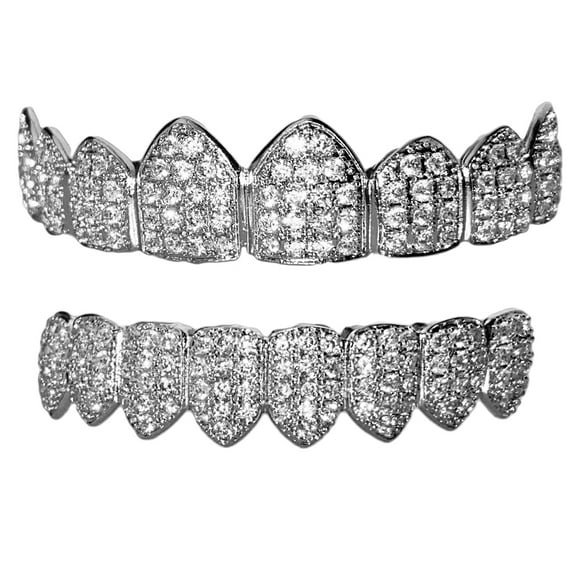 Mens Grillz Set Eight Top 8 Bottom Teeth Silver Tone Micro Pave Bling Iced CZ Premade Hip Hop Grills