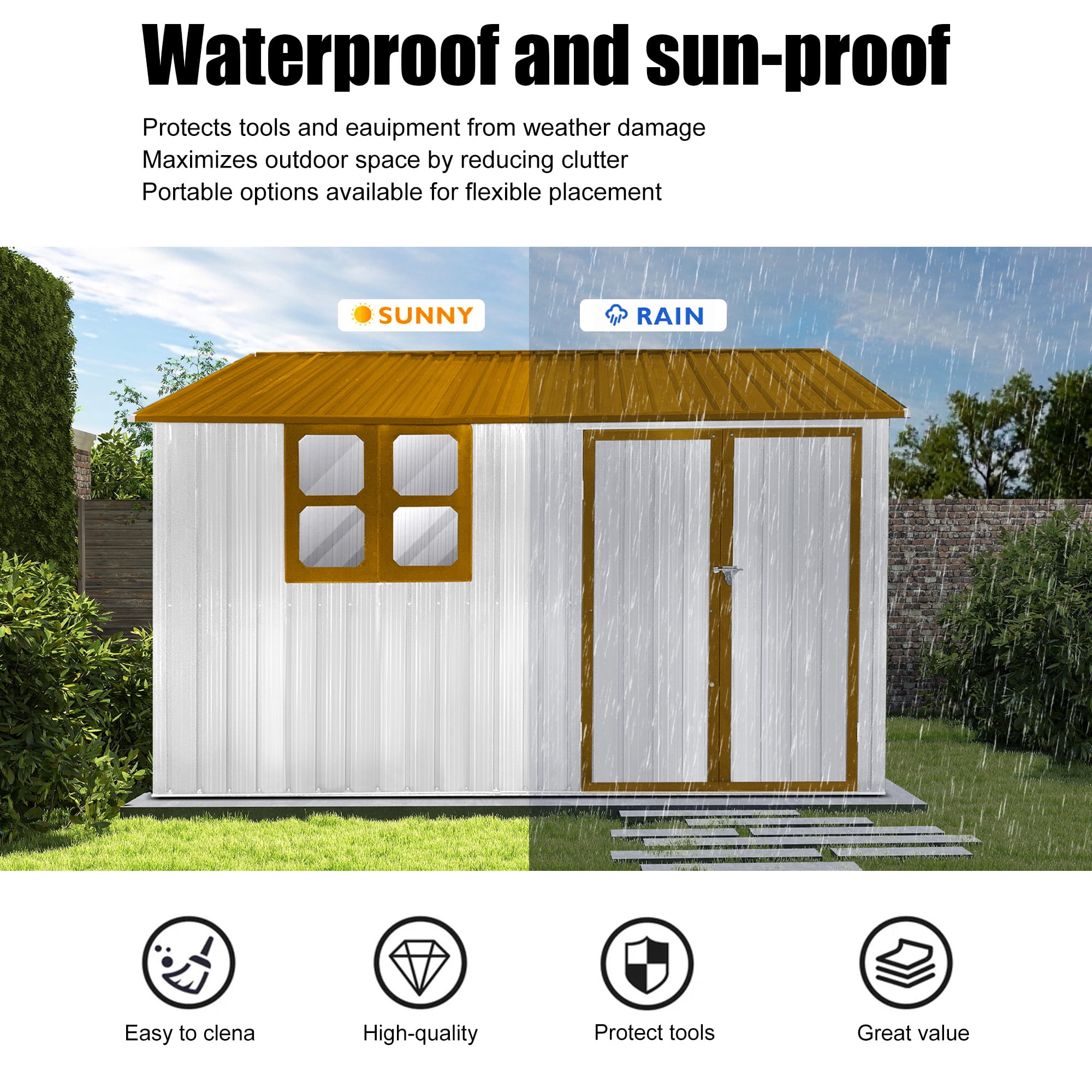 Aukfa 10FT x 8FT Outdoor Storage Shed, Metal Shed Storage with Window, Roof Slope Tool Shed with Door and Padlock for Backyards, Patio Lawns and Outdoor, Yellow
