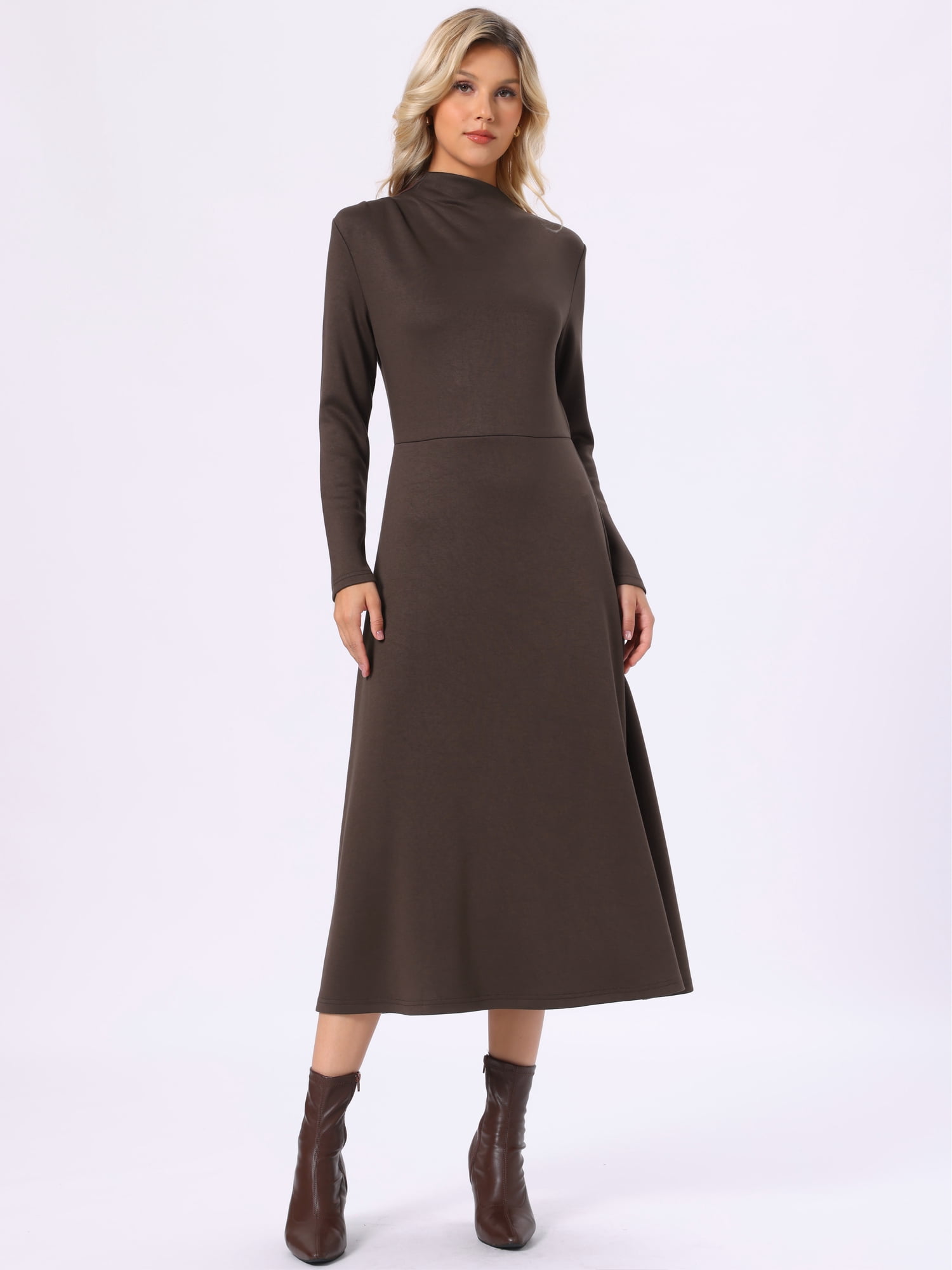 DARING DIVA Women's Fall Ribbed Knit Dresses Neck Long Sleeve Maxi Dress M Coffee
