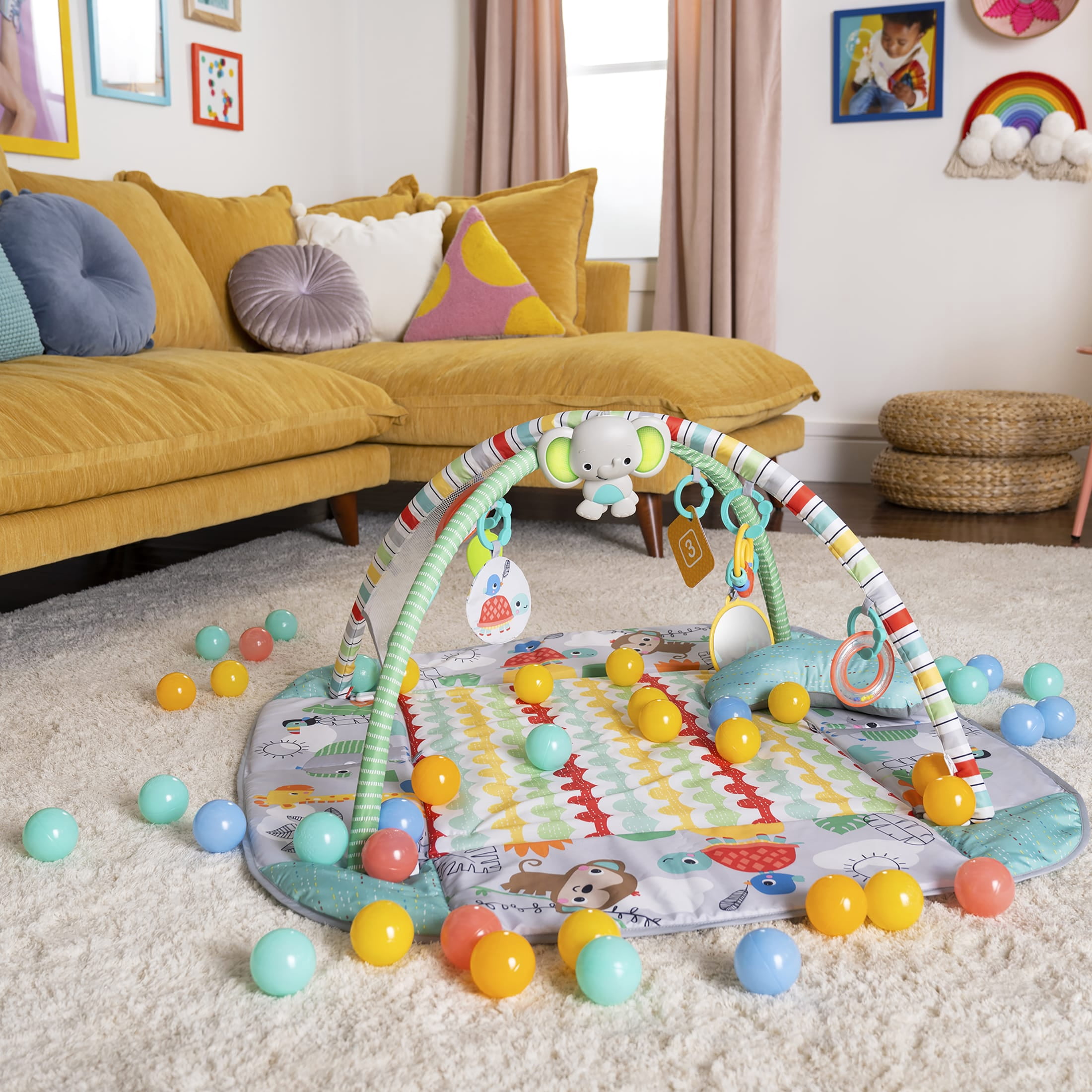 Bright Starts 5-in-1 Your Way Ball Play - Jumbo Play Mat Converts to Ball Pit Baby Gym, Newborns to Toddlers - Totally Tropical (Green)