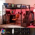 thumbnail image 4 of Advwin Full Size Loft Bed with Desk and Stairs, Headboard, Wardrobe, Bedside Storage Shelf, 6 Drawers, Charging Station & LED Light, Space-Saving Metal Gaming Loft Bed Frame, Black+Walnut, 4 of 13