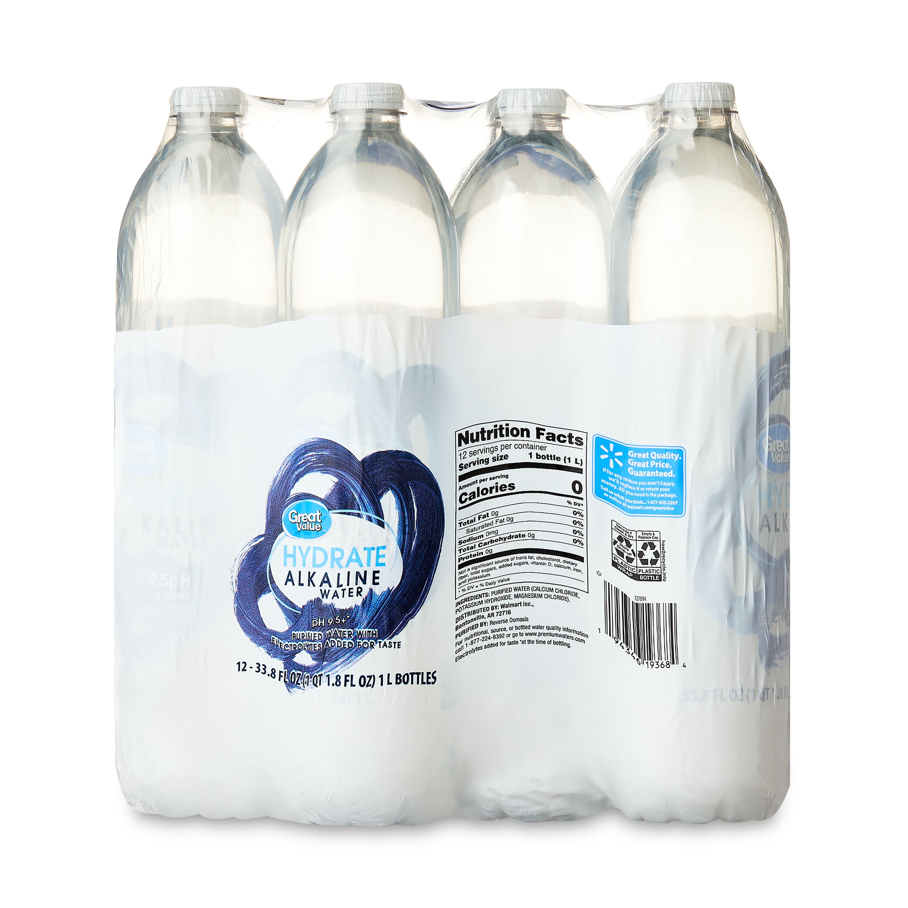 Great Value Hydrate Alkaline Water Bottles, 33.8 fl oz, 12 Count