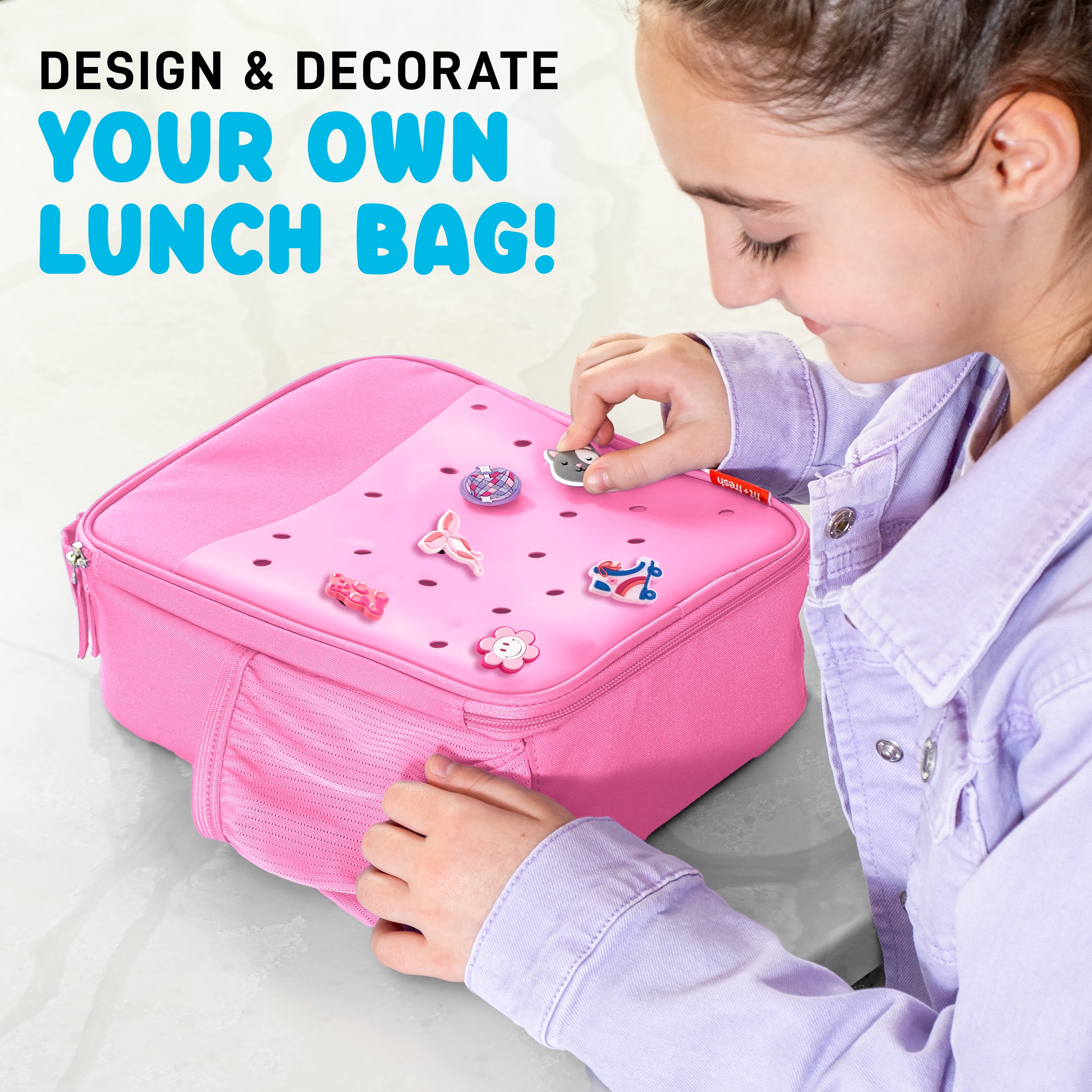 Fit + Fresh Charm Insulated Lunch Bag For Kids, Boys+Girls With Shoe Charm Slots, Pink