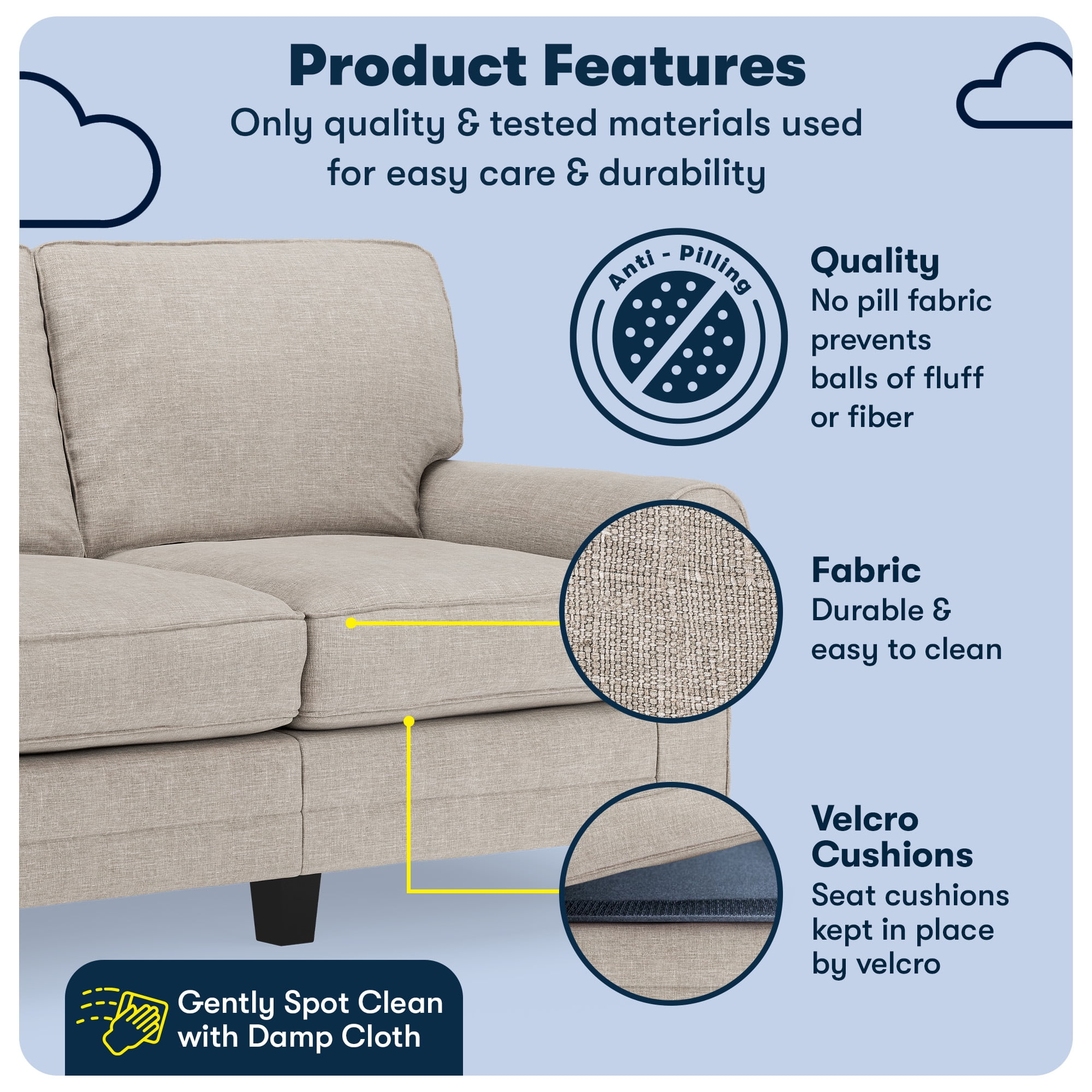Serta Copenhagen 61" Rolled Arm Sofa, Easy Care Polyester, Loveseat or Couch for Small Spaces, Light Gray
